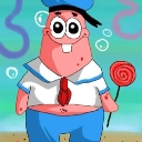 Patrick Star wearing a sailor hat and shirt holding a red lollipop with wide, innocent eyes.