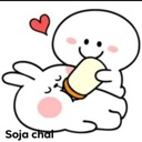 Soja character feeding a small bunny with a baby bottle while a red heart floats nearby.