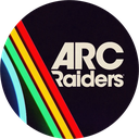 ARC Raiders logo featuring stylized text with a vibrant rainbow stripe on a dark circular background.