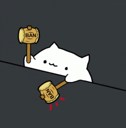 A white cat character rhythmically swinging a wooden mallet in a playful manner.