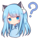 Cat girl with blue hair and cat ears looking confused with a large question mark next to her head.