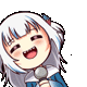 Gawr Gura singing happily into a microphone with music notes floating around her.