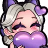 Mercy character holding a large purple heart with a happy, blushing expression.