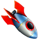 A stylized silver and blue rocket ship with red fins pointing diagonally downwards.