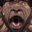 A character from Baki with a face contorted in extreme agony, crying with mouth wide open.