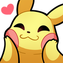 Pikachu rubbing its rosy cheeks with a happy, closed-eye expression and a small heart floating nearby.
