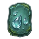 A mossy green stone tablet with glowing blue water droplets falling down its surface.