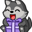 A cute gray wolf pup smiling widely while holding a purple gift box.
