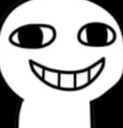 A simple white character face on a black background with a wide, mischievous grin and large, knowing eyes.