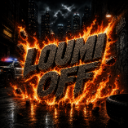 The text LOUMI OFF in a bold, 3D font surrounded by intense orange and yellow flames against a dark, gritty background.