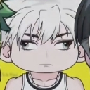 Chibi anime boy with white hair giving a skeptical side-eye glance.