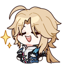 Chibi anime character with blonde hair wearing a smug, closed-eye grin with a golden sparkle effect to the side.