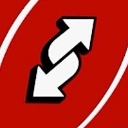 Uno reverse card featuring two white arrows pointing in opposite directions on a red background.