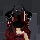 Roblox character with dark horns, long red hair, and a void-black face.