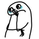 A simple white stick figure character with large, watery eyes looking sad and holding a hand to its face.
