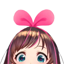 Kizuna AI peeking over an edge with a large pink bow on her head.