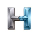 A metallic letter H with a silver left side and a blue right side.