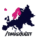 A pixelated map of Northern Europe highlighted in pink against a dark background.