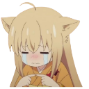 Anime cat-girl with blonde hair crying and touching her index fingers together in a shy, apologetic gesture.