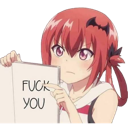 Vignette Tsukinose from Gabriel DropOut holding a sign that says fuck you with a serious expression.