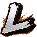 A stylized, gritty white letter L with a dark, fiery orange outline.