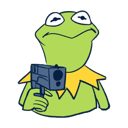 Kermit the Frog looking tired and unimpressed while holding a blue handgun.