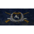 A dark blue crest featuring a white stag and crossed rifles.
