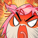 Natsuki from Doki Doki Literature Club with a furious expression and pink hair, surrounded by a dramatic red explosion backg…