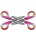 Scissors colored with the lesbian pride flag gradient in a pixel art style.