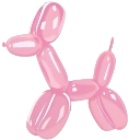 A pink balloon dog shaped like a poodle stands against a dark background.
