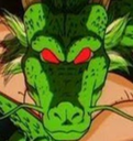 Shenron the green dragon with glowing red eyes staring intensely forward.