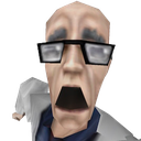 A low-poly scientist with glasses screaming with his mouth wide open in panic.