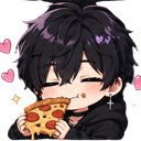 Anime boy with messy black hair and a cross earring happily eating a slice of pepperoni pizza surrounded by floating pink he…