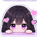 Anime girl with long dark hair and purple eyes peeking over a ledge with pink hearts floating around her head.