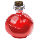 Red potion in a glass bottle with a cork stopper.