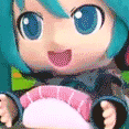 Chibi Hatsune Miku throwing a piece of sushi with a happy expression.