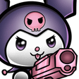 Kuromi with a mischievous expression holding a pink gun.