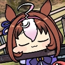 A chibi horse girl with brown hair and ears has a smug, closed-eye expression.