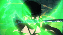 Zoro character surrounded by a glowing green aura with a red eye flare.