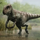 Metriacanthosaurus walking through shallow water in a forest setting.