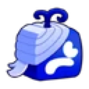 Blue block-shaped creature with a layered white headpiece on a black background.