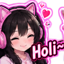 Anime girl with cat-ear headphones smiling brightly with pink hearts and the text Holi around her.