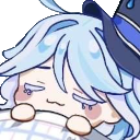Furina from Genshin Impact with blue hair sleeping peacefully with a small smile.