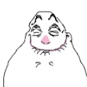 A minimalist line-art character with closed eyes and a pink nose wearing a smug expression.