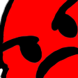 A bright red face with a distorted, angry expression and black features.
