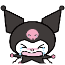 Kuromi with a black jester hat and pink skull symbol is crying loudly with tears streaming down her face.