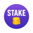 A stack of gold coins sits below the word STAKE inside a purple circle.