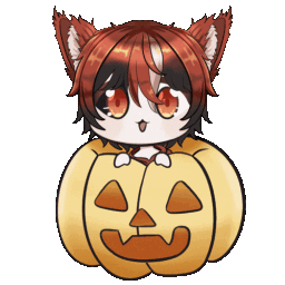 A cute fox character with red hair and ears peeking out from inside a carved jack-o'-lantern.