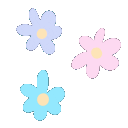 Three groups of small, hand-drawn style pastel flowers in pink, blue, and purple.