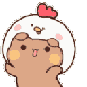 A cute brown bear wearing a chicken hat dancing happily.